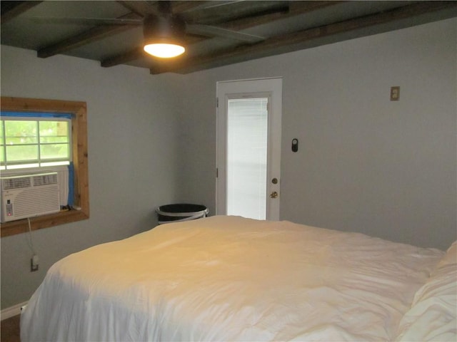 119 Horse Shoe Clf, Sandia, TX 78383 - bedroom featuring cooling unit, beamed ceiling, and ceiling fan