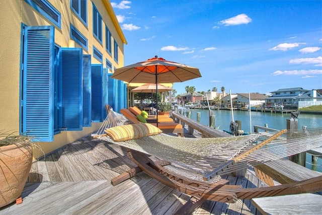 dock area with a water view