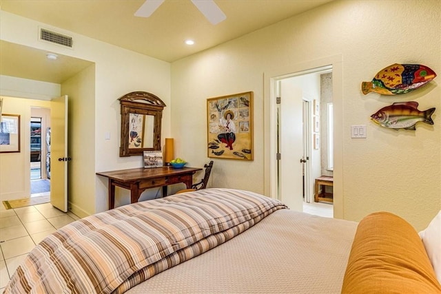 bedroom featuring light tile patterned floors, recessed lighting, visible vents, a ceiling fan, and baseboards