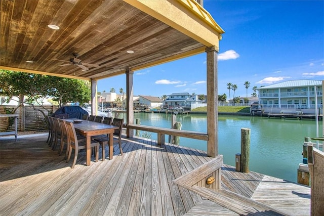 view of dock with a water view and a residential view