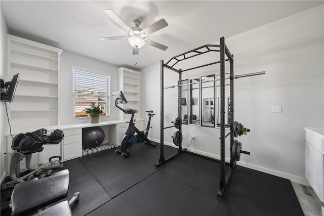 workout room with ceiling fan