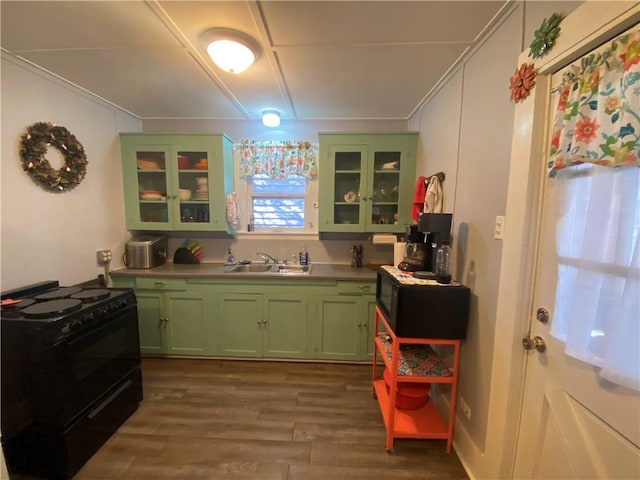 kitchen featuring black range with electric cooktop, dark wood-type flooring, sink, and green cabinetry