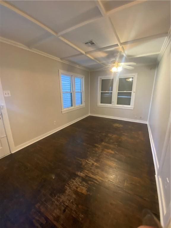 unfurnished room with dark hardwood / wood-style floors, ceiling fan, ornamental molding, and coffered ceiling