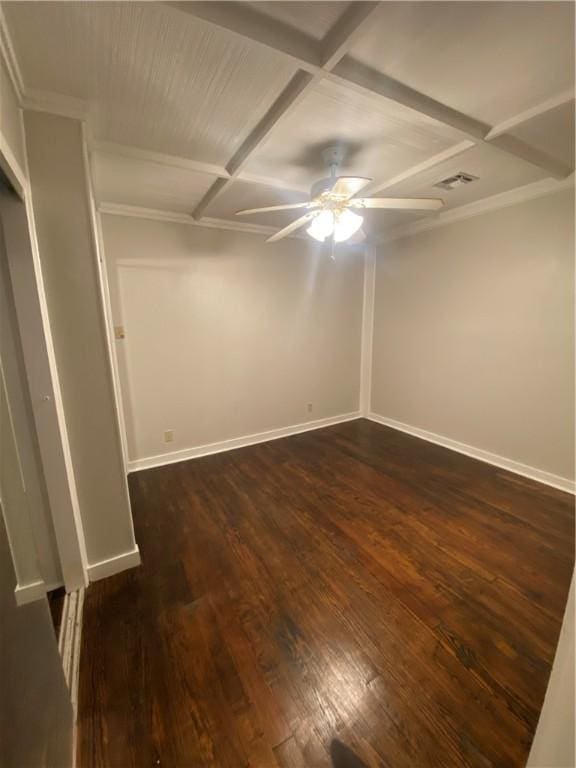 empty room with coffered ceiling, dark hardwood / wood-style flooring, and ceiling fan