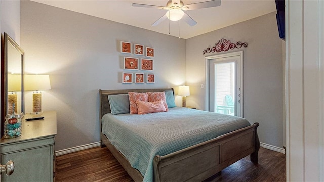 bedroom featuring ceiling fan and dark hardwood / wood-style floors