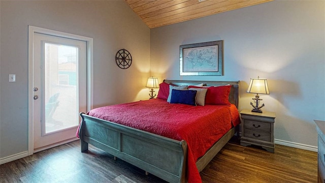 bedroom with dark hardwood / wood-style flooring, wooden ceiling, vaulted ceiling, and multiple windows