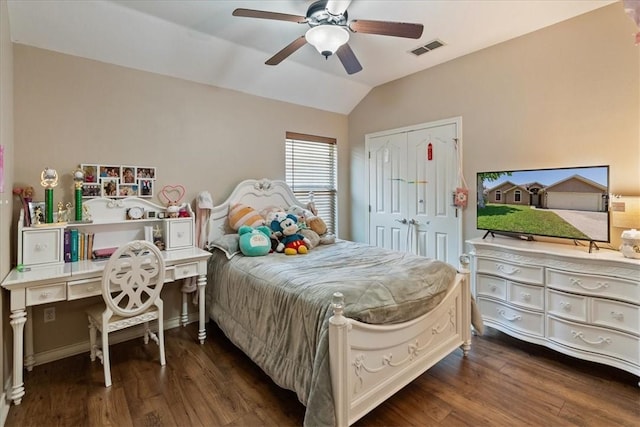 2618 Gentle Wind Ave, Corpus Christi, TX 78414 - bedroom with lofted ceiling, dark wood finished floors, a closet, and a ceiling fan