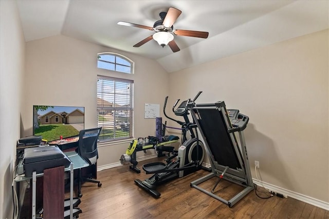 2618 Gentle Wind Ave, Corpus Christi, TX 78414 - workout room featuring vaulted ceiling, a ceiling fan, and wood finished floors