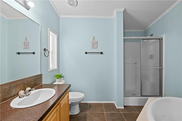 1182 Lee Rd, Aransas Pass, TX 78336 - full bathroom featuring vanity, a shower stall, ornamental molding, tile patterned flooring, and tasteful backsplash