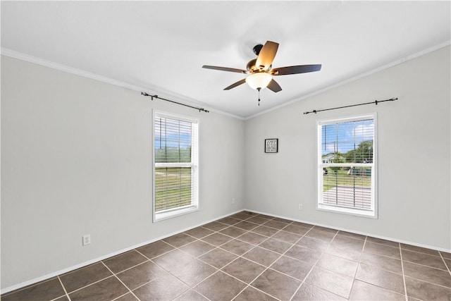 1182 Lee Rd, Aransas Pass, TX 78336 - spare room featuring ornamental molding, ceiling fan, lofted ceiling, and tile patterned floors