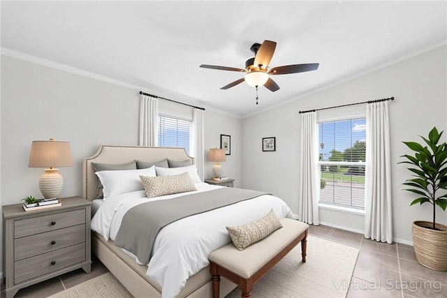 1182 Lee Rd, Aransas Pass, TX 78336 - bedroom with light tile patterned floors, ornamental molding, vaulted ceiling, and ceiling fan