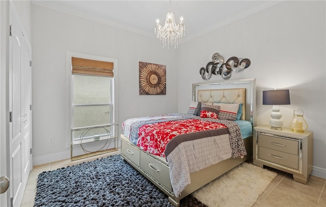 bedroom featuring crown molding, light tile patterned floors, baseboards, and a chandelier