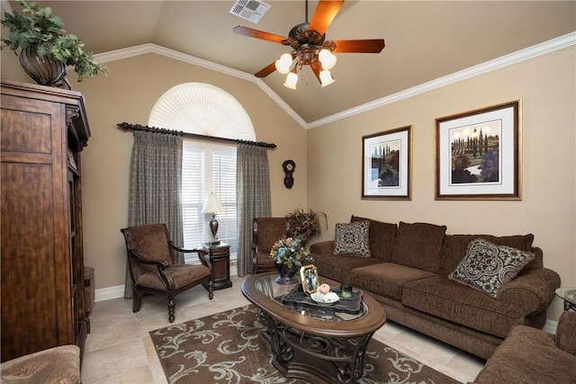 living room featuring light tile patterned floors, vaulted ceiling, ceiling fan, and crown molding