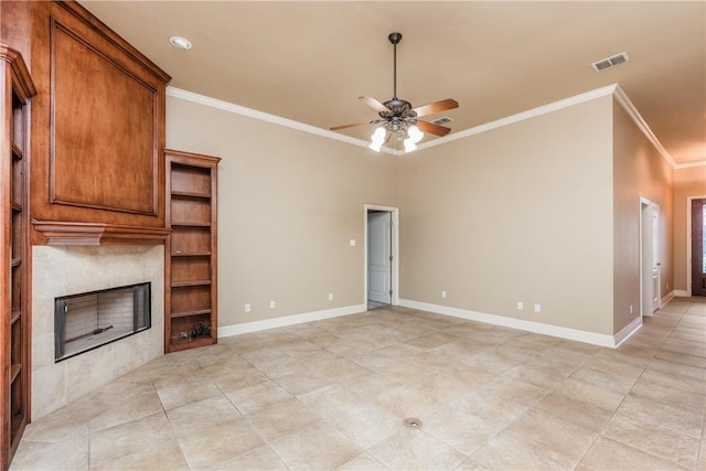 7510 Beau Terre, Corpus Christi, TX 78414 - unfurnished living room featuring crown molding, a ceiling fan, a tile fireplace, baseboards, and light tile patterned floors