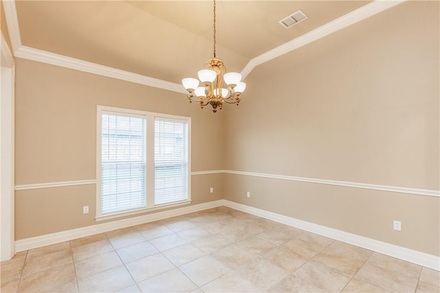 7510 Beau Terre, Corpus Christi, TX 78414 - spare room featuring a chandelier, light tile patterned floors, ornamental molding, vaulted ceiling, and baseboards