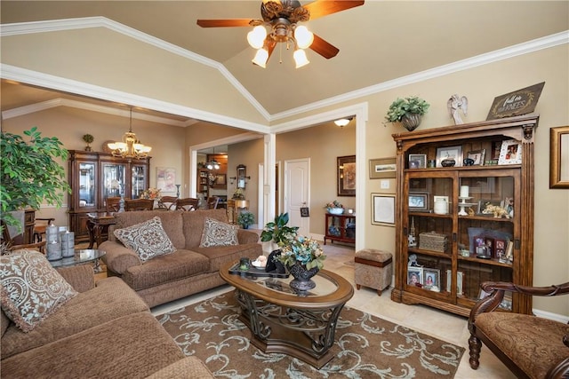 living room with ceiling fan with notable chandelier, crown molding, and lofted ceiling