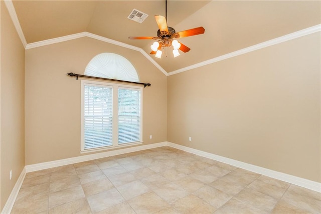 7510 Beau Terre, Corpus Christi, TX 78414 - spare room with a ceiling fan, vaulted ceiling, ornamental molding, and baseboards