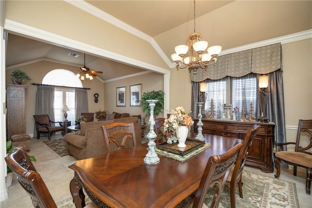 dining area with ceiling fan with notable chandelier, ornamental molding, and vaulted ceiling