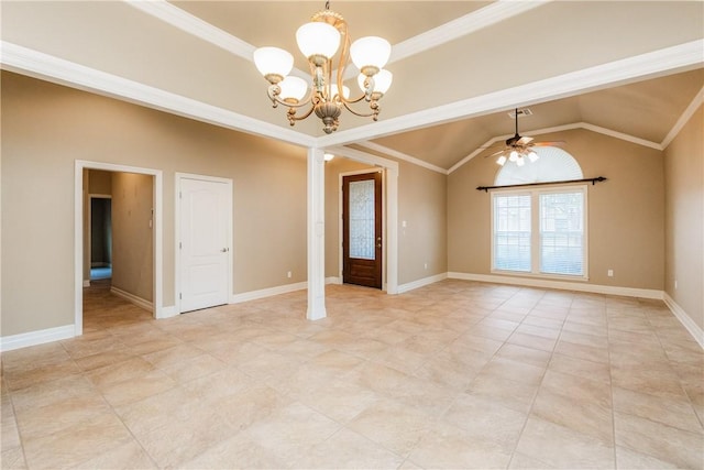 7510 Beau Terre, Corpus Christi, TX 78414 - spare room featuring a chandelier, ceiling fan, light tile patterned floors, ornamental molding, and vaulted ceiling