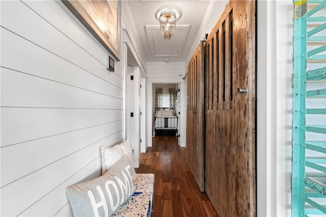 corridor with dark wood-type flooring and wooden walls