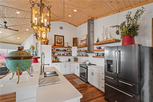 kitchen featuring dark hardwood / wood-style flooring, wood ceiling, stainless steel appliances, white cabinets, and hanging light fixtures