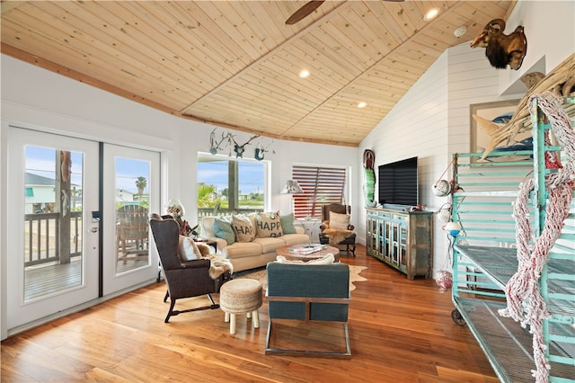 living room featuring high vaulted ceiling, wood-type flooring, wood ceiling, and french doors