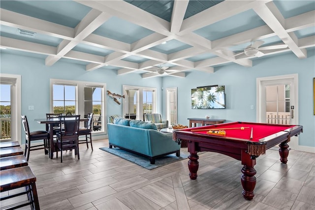 144 Sunrise Ave, Port Aransas, TX 78373 - game room featuring a ceiling fan, coffered ceiling, beam ceiling, baseboards, and billiards table