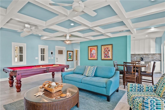 144 Sunrise Ave, Port Aransas, TX 78373 - rec room featuring ceiling fan, coffered ceiling, light wood finished floors, billiards table, and beamed ceiling