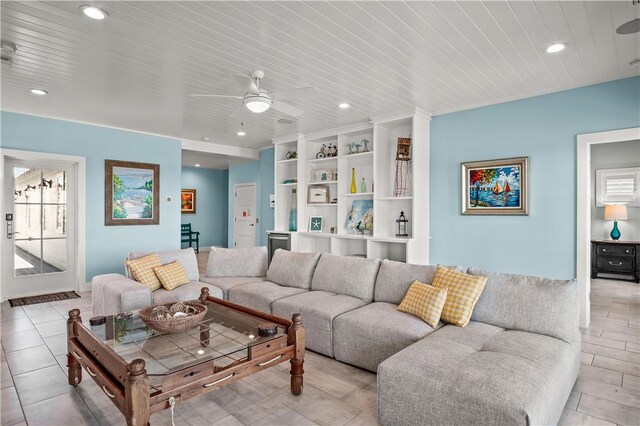 144 Sunrise Ave, Port Aransas, TX 78373 - living area with a ceiling fan, wood ceiling, and recessed lighting