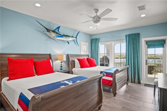 144 Sunrise Ave, Port Aransas, TX 78373 - bedroom featuring recessed lighting, access to exterior, and a ceiling fan