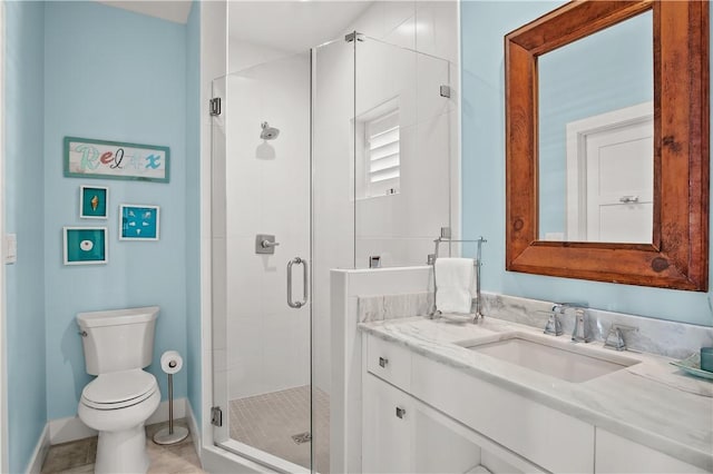144 Sunrise Ave, Port Aransas, TX 78373 - bathroom with toilet, a shower stall, vanity, baseboards, and tile patterned floors