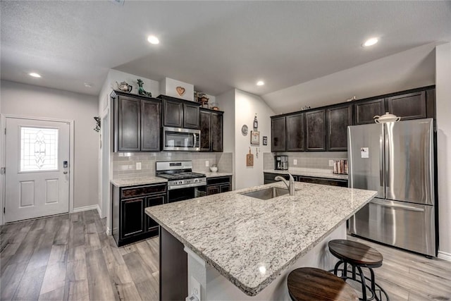 kitchen featuring stainless steel appliances, sink, light wood-type flooring, and an island with sink