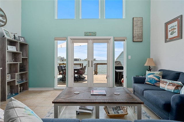 tiled living room with french doors