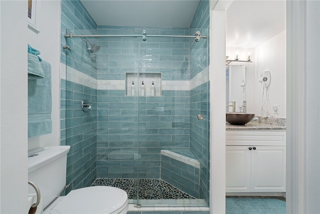 bathroom with toilet, vanity, and walk in shower