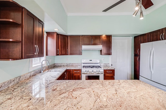 kitchen featuring white appliances, open shelves, a sink, under cabinet range hood, and crown molding