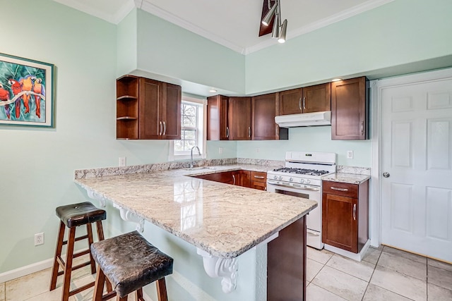 kitchen with a breakfast bar, under cabinet range hood, white gas range oven, a peninsula, and crown molding