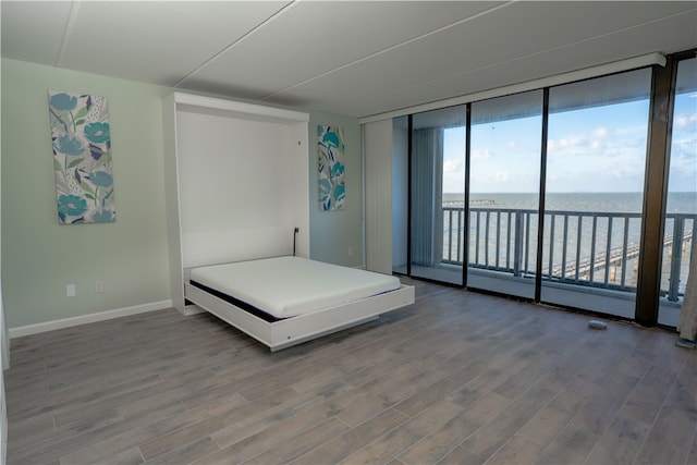 4334 E Ocean Dr Unit 306, Corpus Christi, TX 78404 - bedroom featuring access to exterior, a water view, and wood finished floors