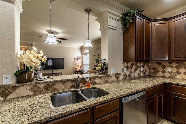 kitchen featuring dark brown cabinetry, crown molding, sink, and dishwasher