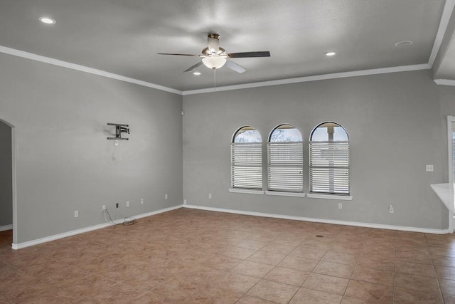 unfurnished room featuring ornamental molding, recessed lighting, a ceiling fan, and baseboards