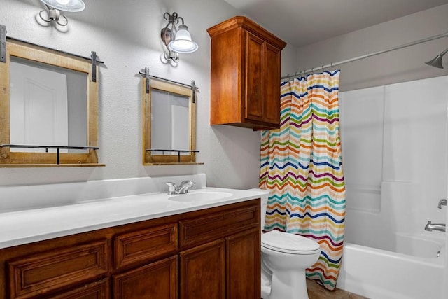 full bath featuring shower / bath combination with curtain, vanity, and toilet