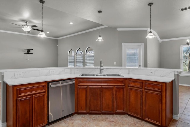 kitchen featuring stainless steel dishwasher, an island with sink, a sink, and visible vents