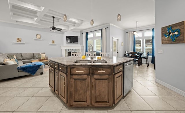 kitchen featuring pendant lighting, dishwasher, an island with sink, sink, and coffered ceiling