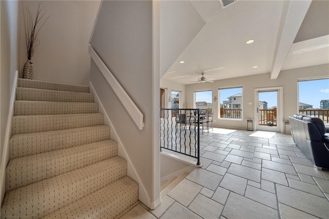 113 Sea Air Ln, Port Aransas, TX 78373 - staircase featuring healthy amount of natural light, ceiling fan, recessed lighting, and beamed ceiling