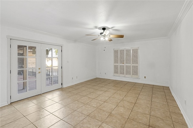 spare room with light tile patterned flooring, french doors, ceiling fan, and crown molding