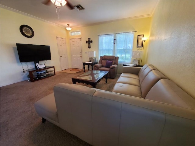2602 Whirlwind St, Corpus Christi, TX 78414 - living room with carpet, crown molding, and ceiling fan
