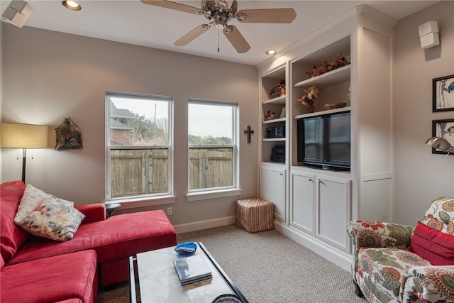 living room with recessed lighting, carpet, baseboards, and ceiling fan