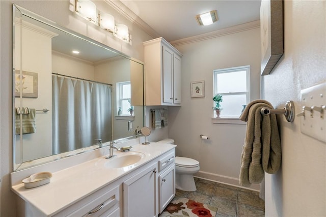 bathroom with baseboards, toilet, ornamental molding, a shower with curtain, and vanity