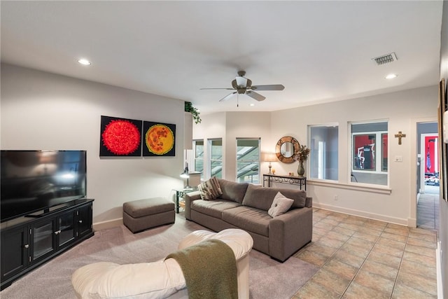 living room featuring recessed lighting, visible vents, baseboards, and a ceiling fan