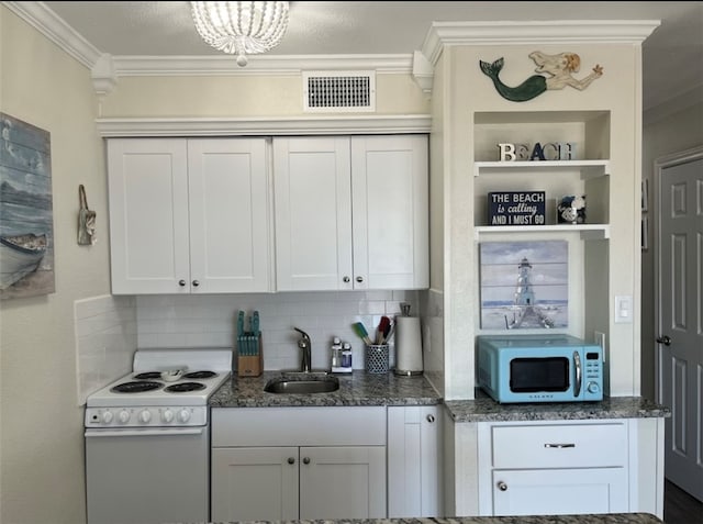 kitchen with white cabinetry, sink, crown molding, and electric range