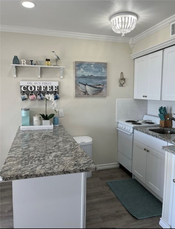 kitchen with stone countertops, white cabinetry, sink, and crown molding